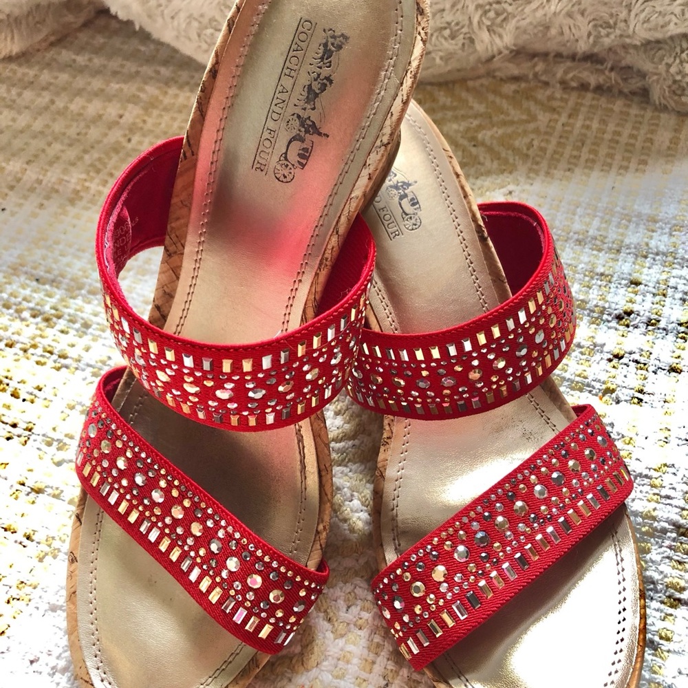 Coach and Four Wedge Sandals Red & Gold Size 9